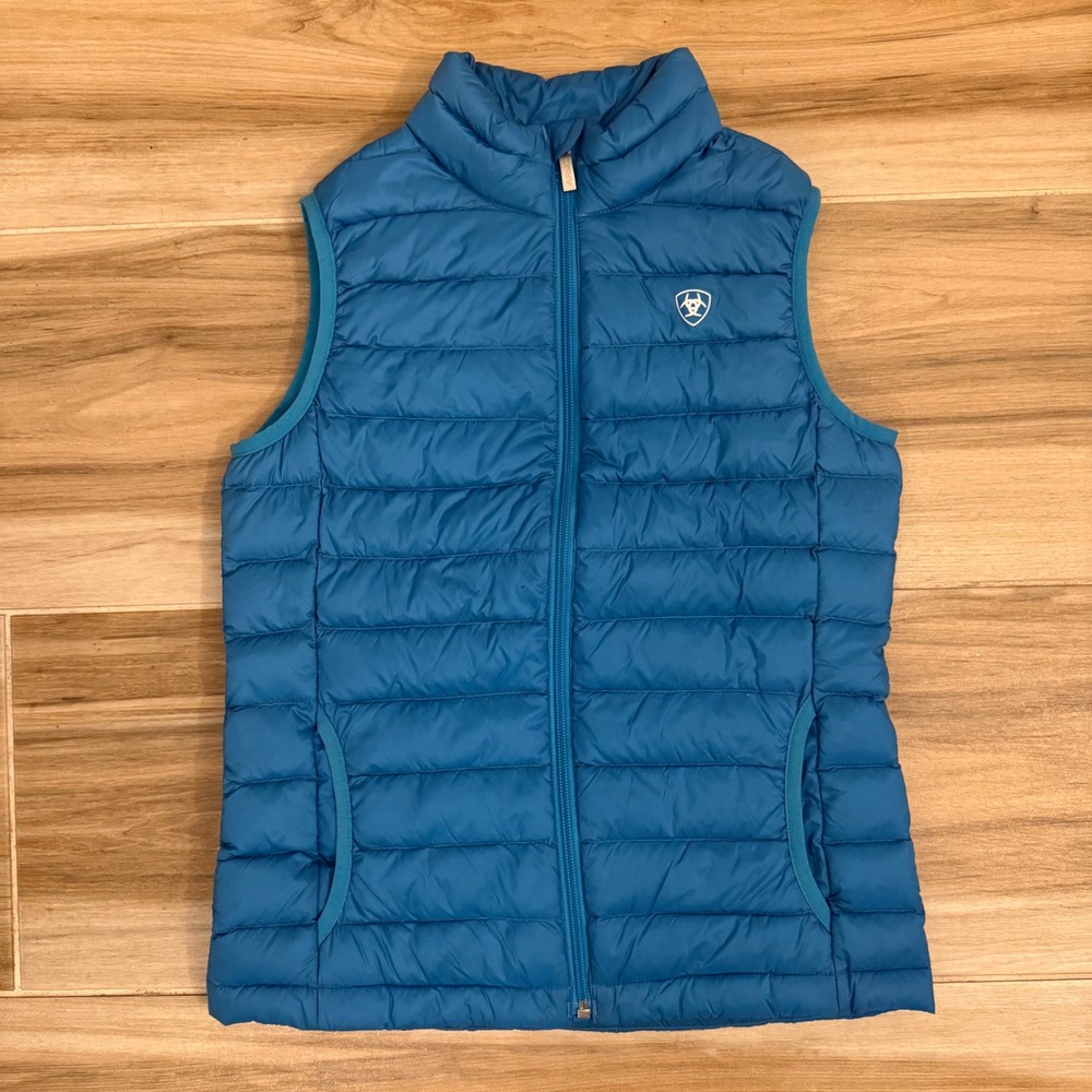 Ariat Girls Ideal Down Vest L Large 12 Blue Equestrian Horse Jump Print Lining